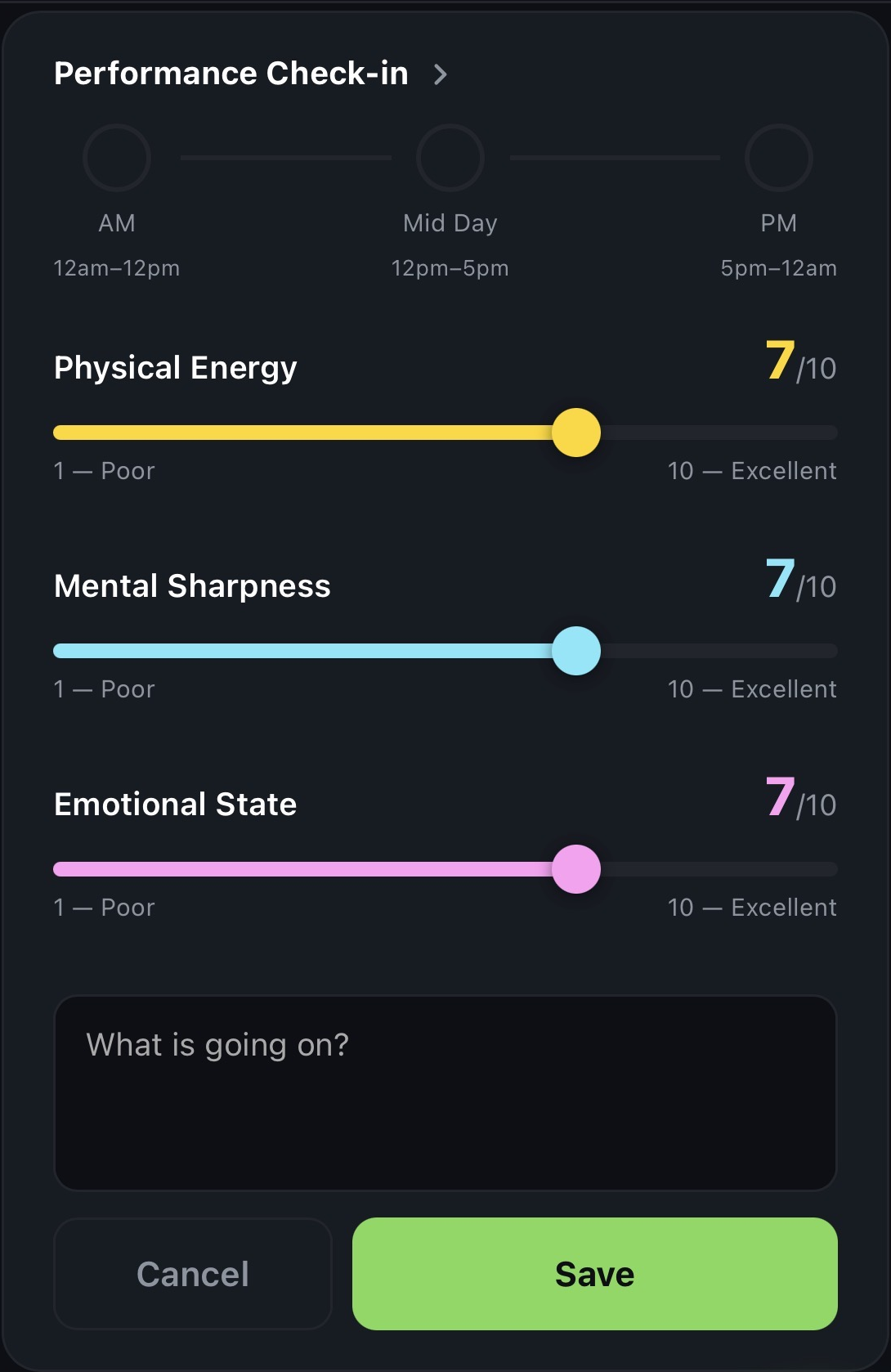 Performance check-in — energy, mindset, emotional state